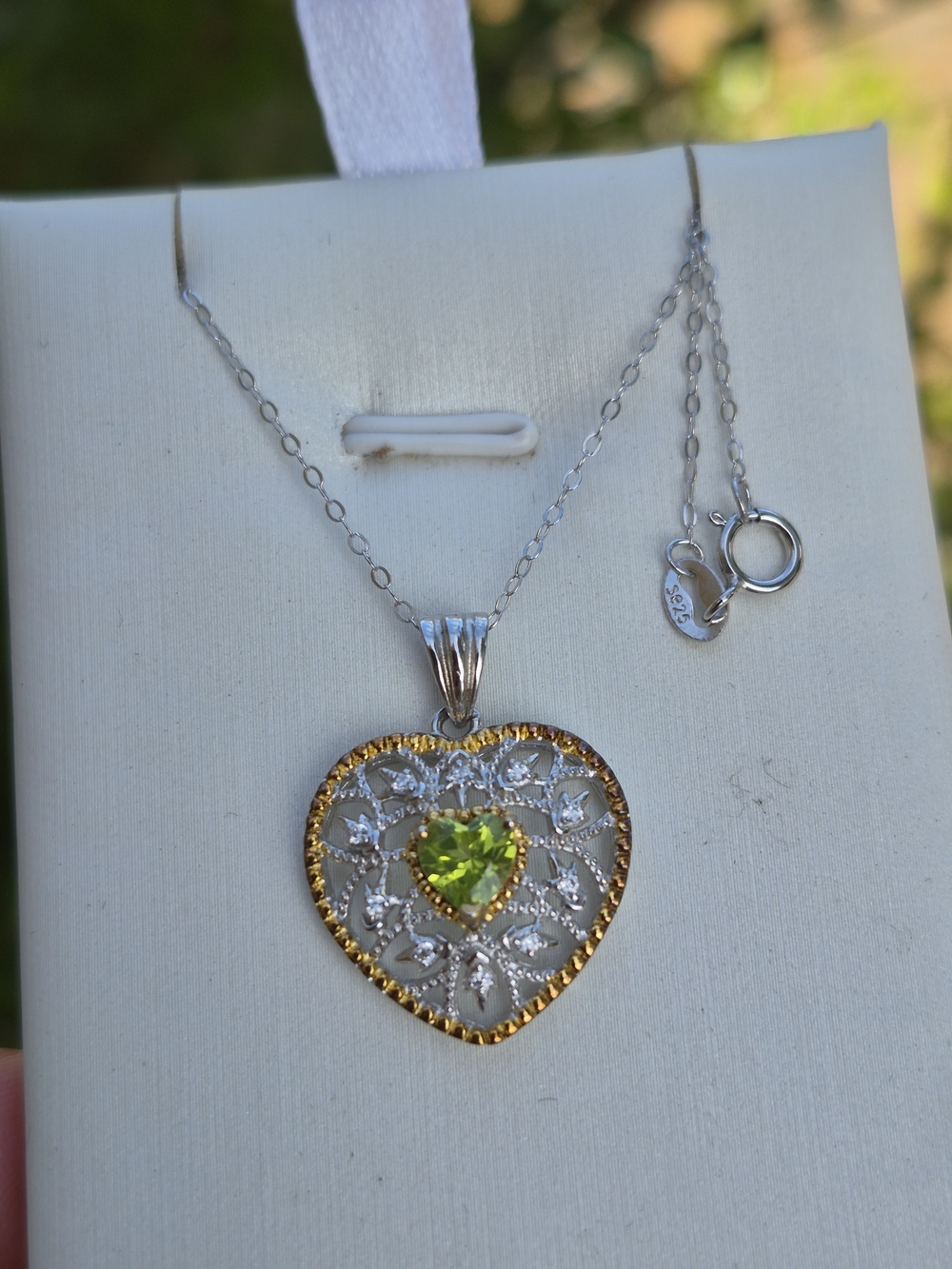 Sterling Silver Heart Pendant Necklace with Peridot Center and Gold Accent
